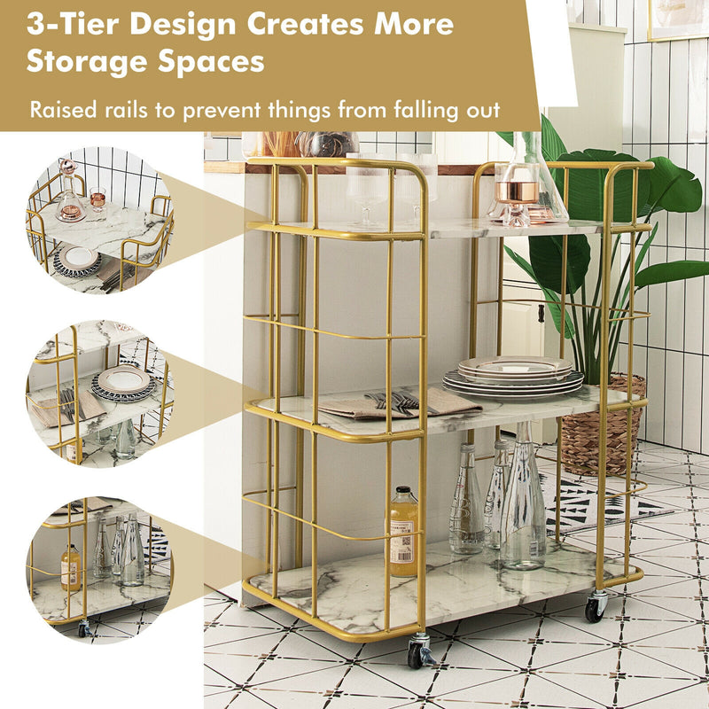 *3-Tier Metal Kitchen Storage Serving Cart Trolley with Marble Tabletop and Handles