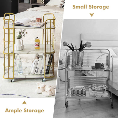 *3-Tier Metal Kitchen Storage Serving Cart Trolley with Marble Tabletop and Handles