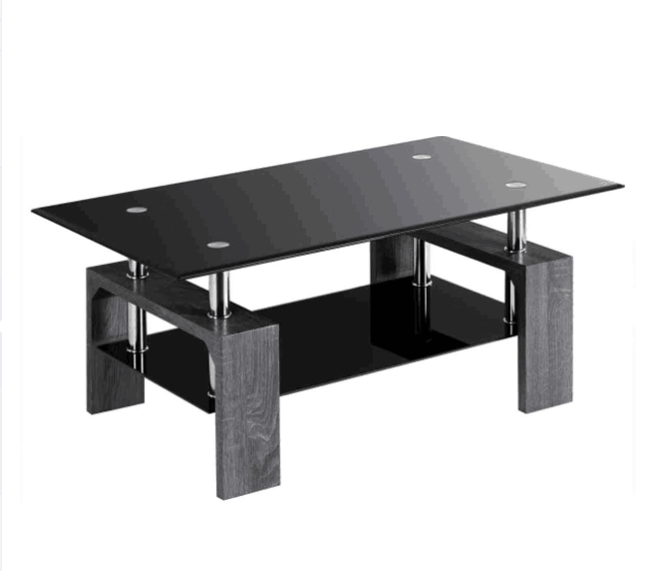 Rectangle Glass Coffee Table with Black Top and Metal Legs for Livingroom