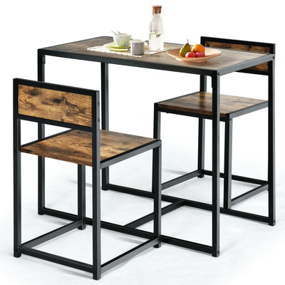 3 Pcs Dining Set Compact Table and 2 Chair with Metal Frame for for Small Space-Coffee