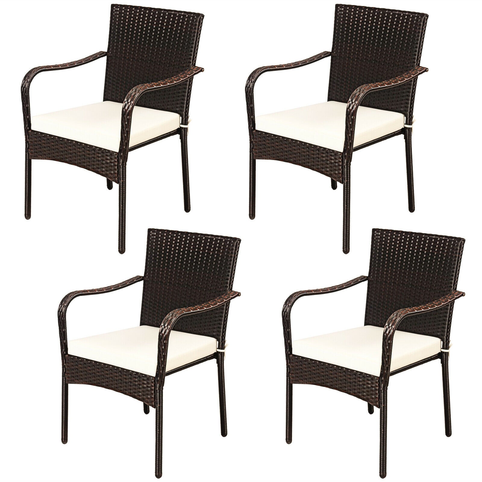 Set of 4 Patio Rattan Stackable Dining Chair with Cushioned Armrest fo