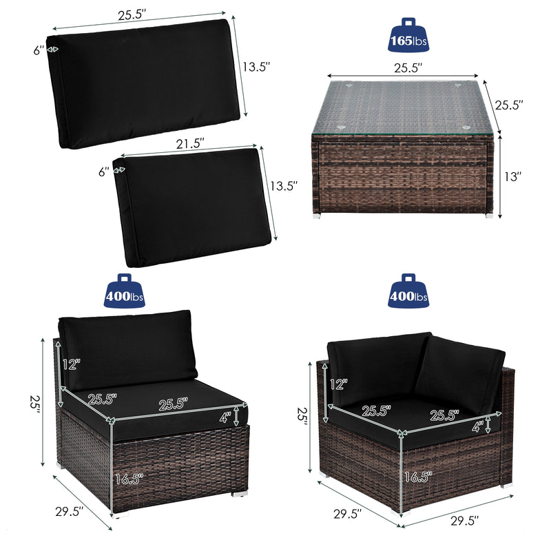 *6 Pieces Patio Rattan Furniture Set with Cushions - Black