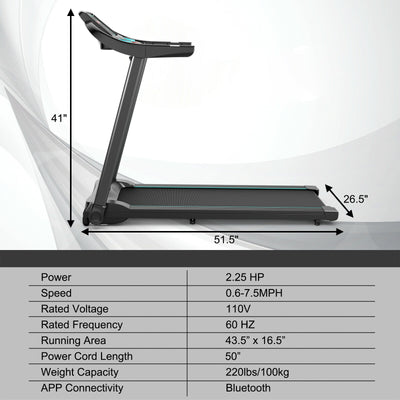 *2.25HP Electric Running Machine Treadmill with Speaker and APP Control - Blue