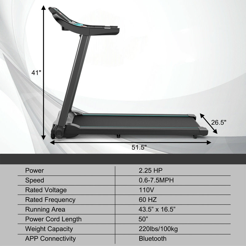 *2.25HP Electric Running Machine Treadmill with Speaker and APP Control - Blue