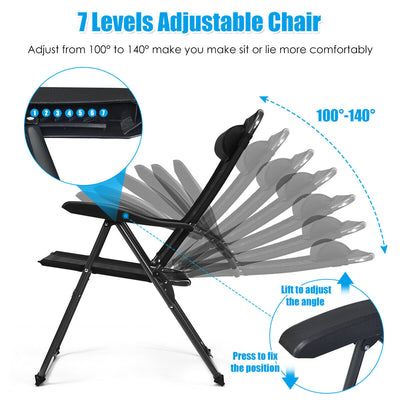 *2 Pieces Patio Adjustable Folding Recliner Chairs with 7 Level Adjustable Backrest - Black