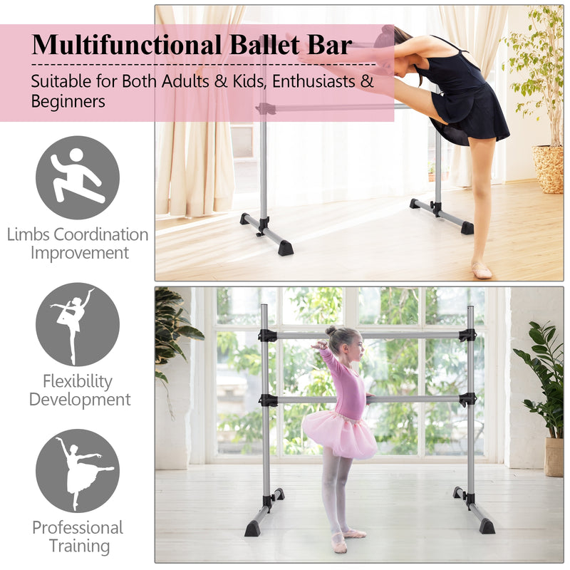 *4 Feet Portable Double Freestanding Barre Dancing Stretching - Silver