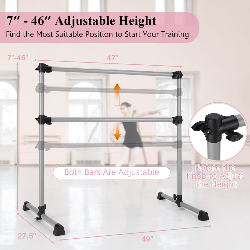 *4 Feet Portable Double Freestanding Barre Dancing Stretching - Silver