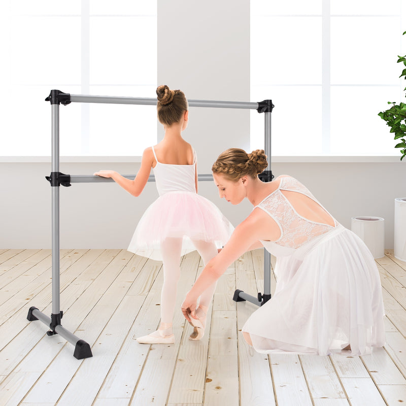 *4 Feet Portable Double Freestanding Barre Dancing Stretching - Silver