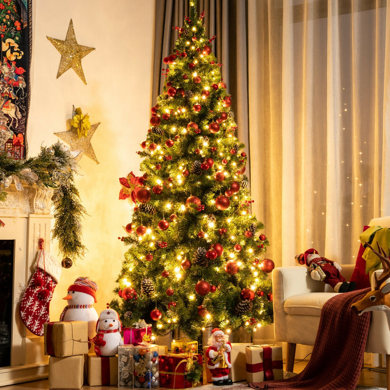 Pre-lit Christmas Hinged Tree with Red Berries and Ornaments-7&