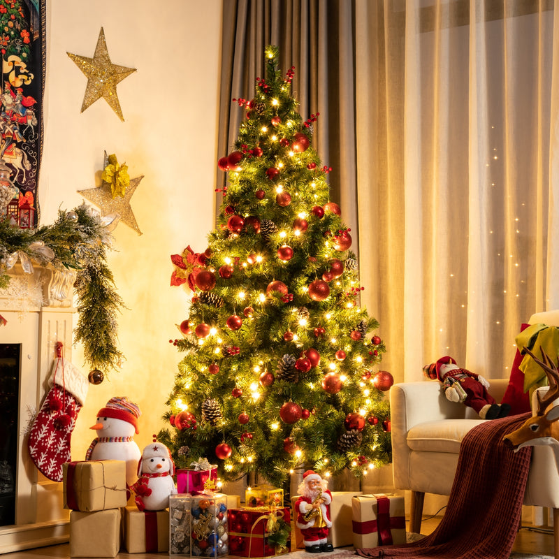 Pre-lit Christmas Hinged Tree with Red Berries and Ornaments-6&