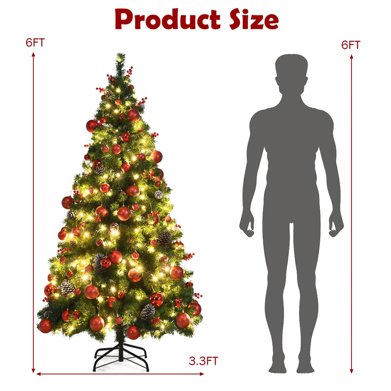 Pre-lit Christmas Hinged Tree with Red Berries and Ornaments-6&