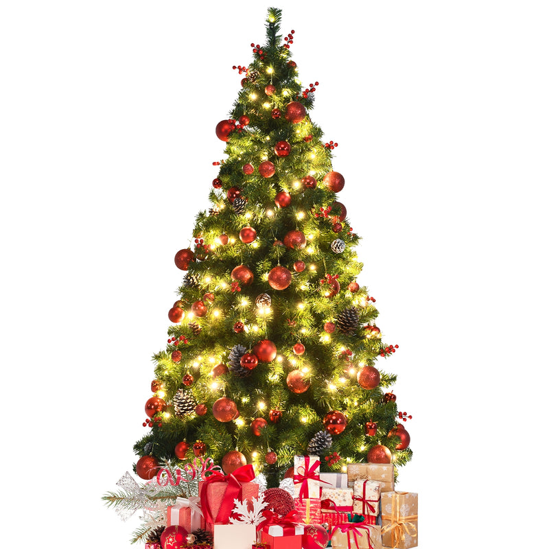 Pre-lit Christmas Hinged Tree with Red Berries and Ornaments-6&