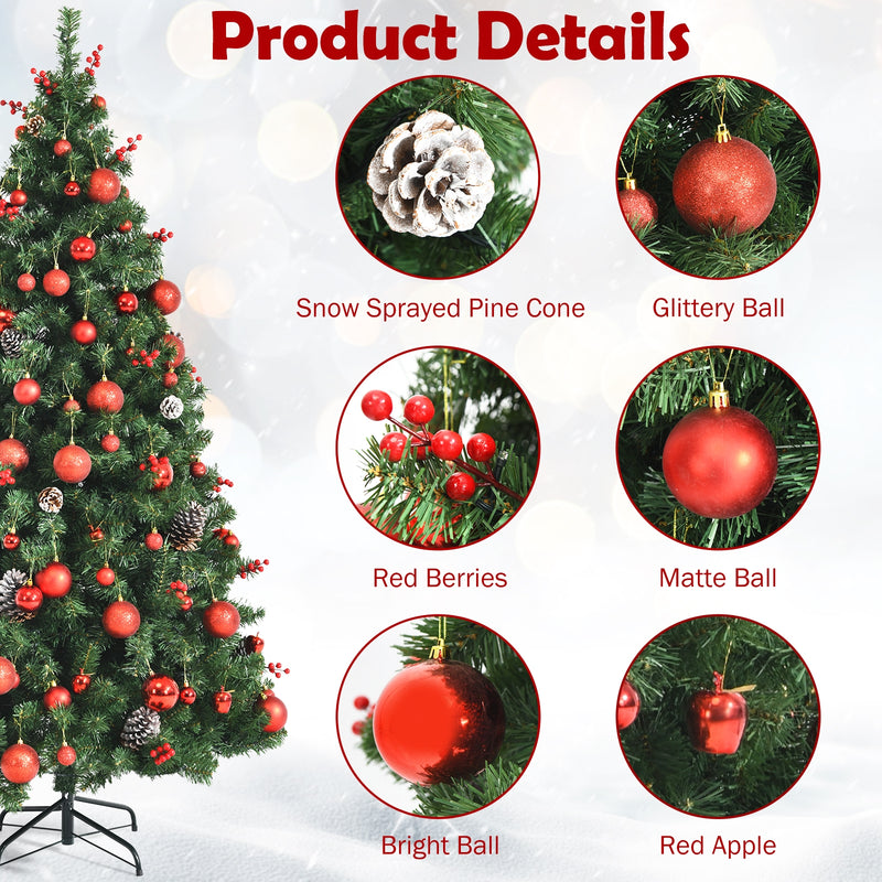 Pre-lit Christmas Hinged Tree with Red Berries and Ornaments-6&