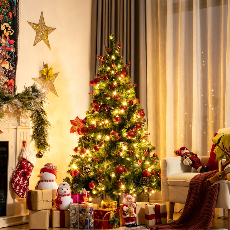 Pre-lit Christmas Hinged Tree with Red Berries and Ornaments-5&