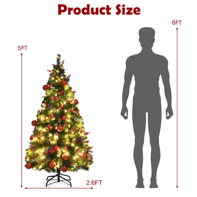 Pre-lit Christmas Hinged Tree with Red Berries and Ornaments-5'