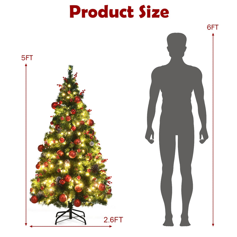 Pre-lit Christmas Hinged Tree with Red Berries and Ornaments-5&