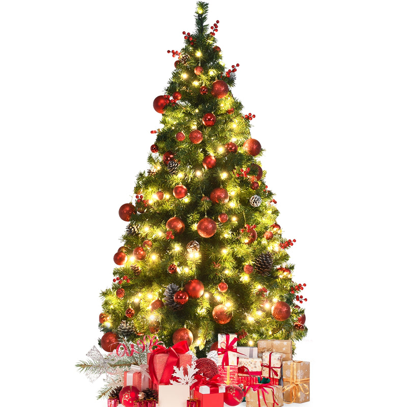 Pre-lit Christmas Hinged Tree with Red Berries and Ornaments-5&
