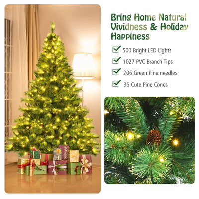 Pre-lit Hinged Christmas Tree wth Pine Cones and Glitter Tips