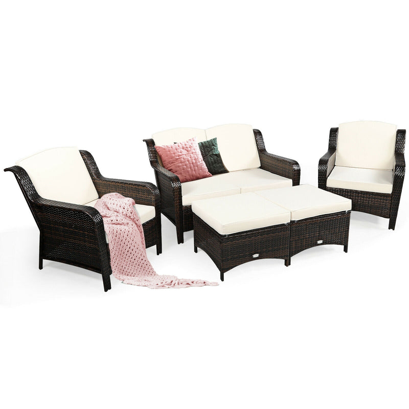 *5 Pieces Patio Rattan Sofa Set with Cushion and Ottoman - Off White
