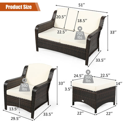 *5 Pieces Patio Rattan Sofa Set with Cushion and Ottoman - Off White
