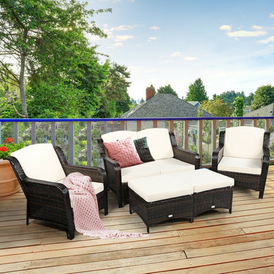 *5 Pieces Patio Rattan Sofa Set with Cushion and Ottoman - Off White