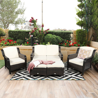 *5 Pieces Patio Rattan Sofa Set with Cushion and Ottoman - Off White