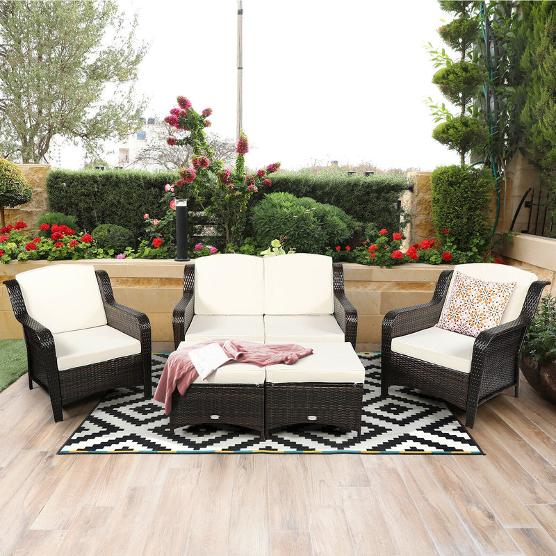 *5 Pieces Patio Rattan Sofa Set with Cushion and Ottoman - Off White