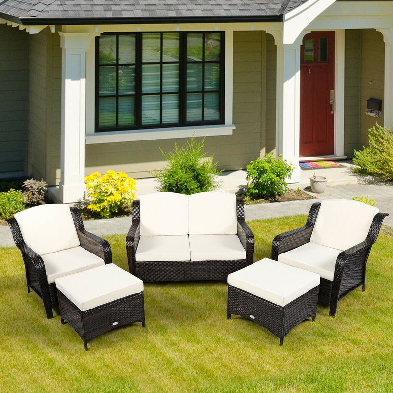 *5 Pieces Patio Rattan Sofa Set with Cushion and Ottoman - Off White
