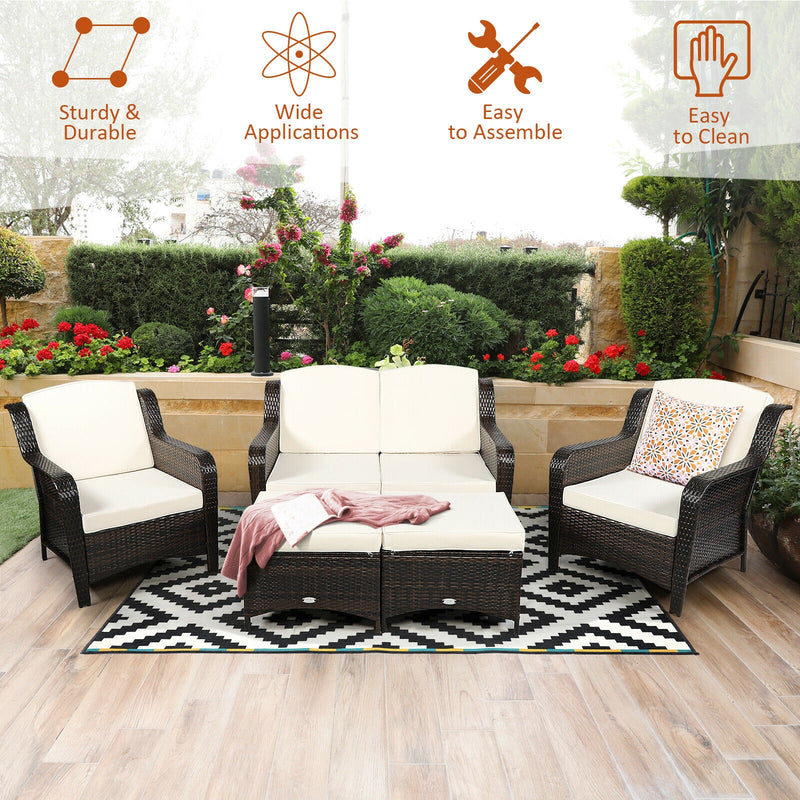 *5 Pieces Patio Rattan Sofa Set with Cushion and Ottoman - Off White