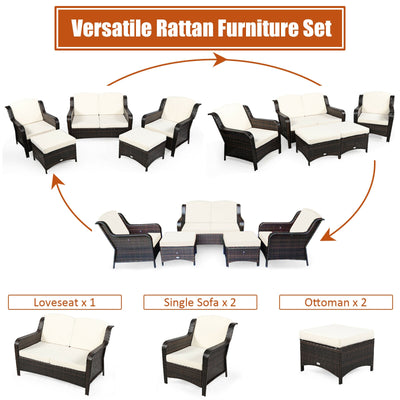 *5 Pieces Patio Rattan Sofa Set with Cushion and Ottoman - Off White