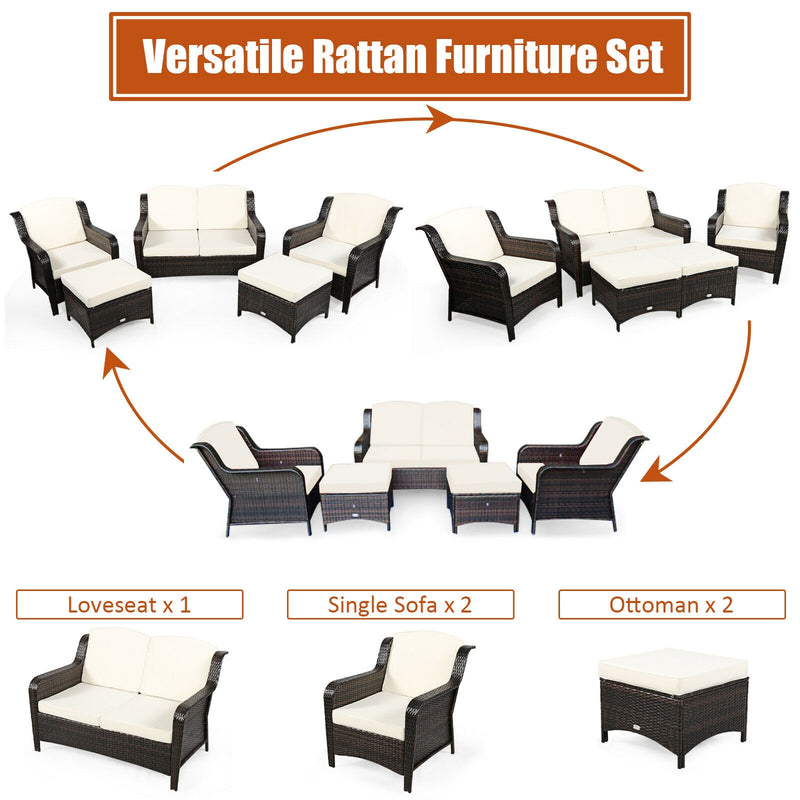 *5 Pieces Patio Rattan Sofa Set with Cushion and Ottoman - Off White