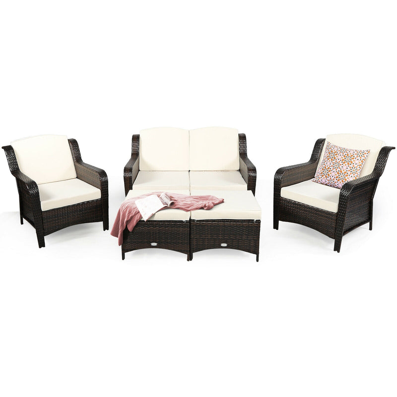 *5 Pieces Patio Rattan Sofa Set with Cushion and Ottoman - Off White