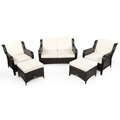 *5 Pieces Patio Rattan Sofa Set with Cushion and Ottoman - Off White