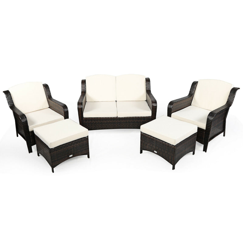 *5 Pieces Patio Rattan Sofa Set with Cushion and Ottoman - Off White