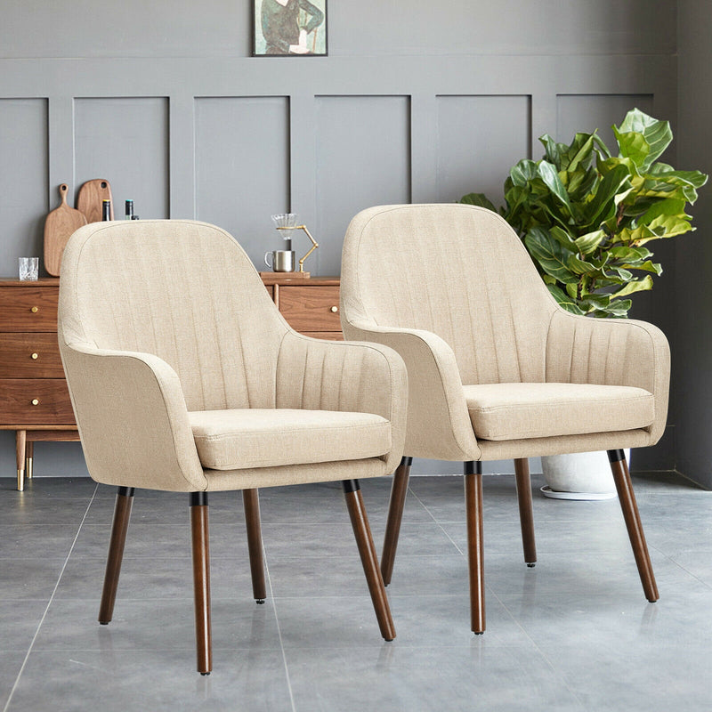 *Set of 2 Fabric Upholstered Accent Chairs with Wooden Legs - Beige
