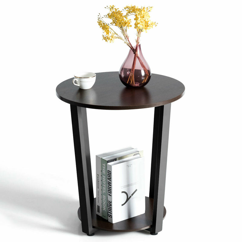 2-Tier Round End Table with Storage Shelf & Metal Frame-Walnut