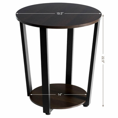 2-Tier Round End Table with Storage Shelf & Metal Frame-Walnut