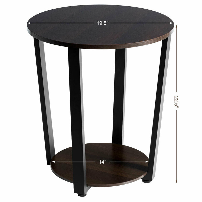 2-Tier Round End Table with Storage Shelf & Metal Frame-Walnut