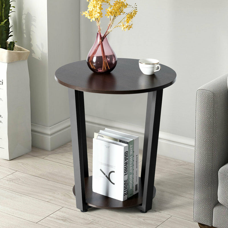 2-Tier Round End Table with Storage Shelf & Metal Frame-Walnut