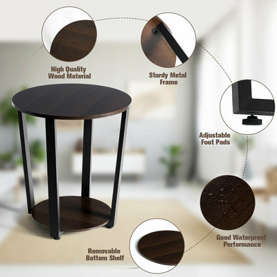 2-Tier Round End Table with Storage Shelf & Metal Frame-Walnut