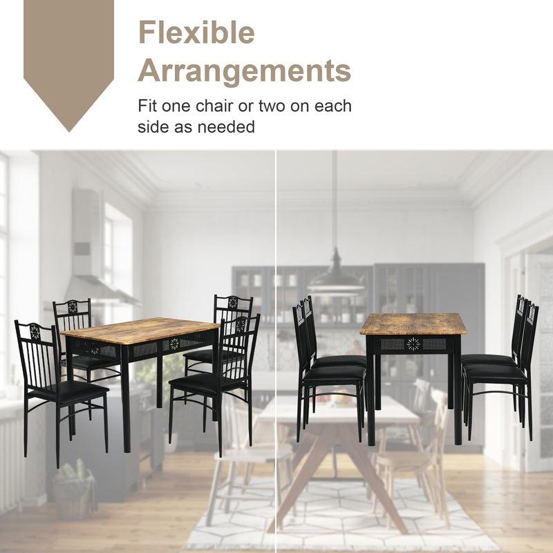 5 Pcs Dining Set Wood Metal Table and 4 Chairs with Cushions-Black