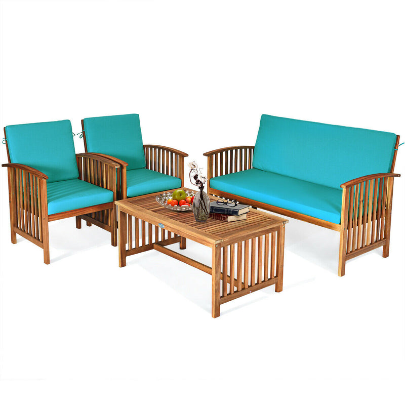 4PCS Patio Solid Wood Furniture Set-Blue