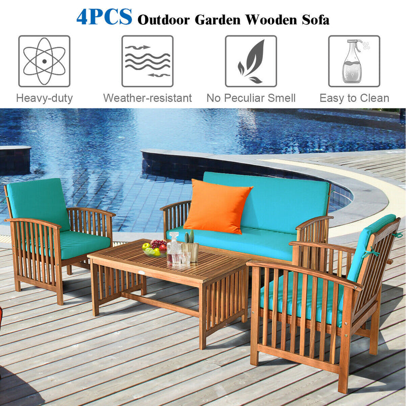 4PCS Patio Solid Wood Furniture Set-Blue