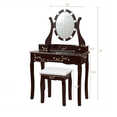 10 Dimmable Lights Vanity Table Set with Lighted Mirror and Cushioned Stool-Brown