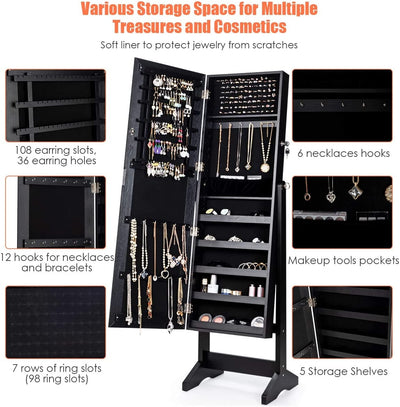 Jewelry Cabinet Stand Mirror Armoire with Large Storage Box-Black