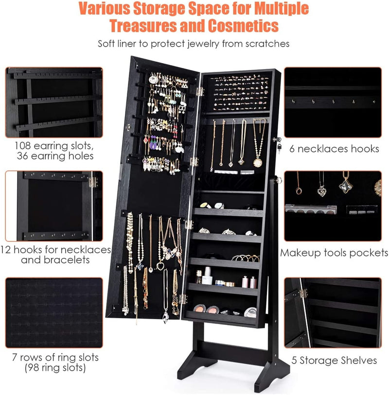 Jewelry Cabinet Stand Mirror Armoire with Large Storage Box-Black