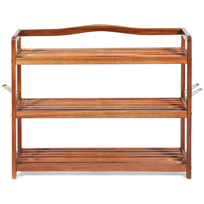 3-Tier Acacia Wood Shoe Rack with Side Metal Hooks