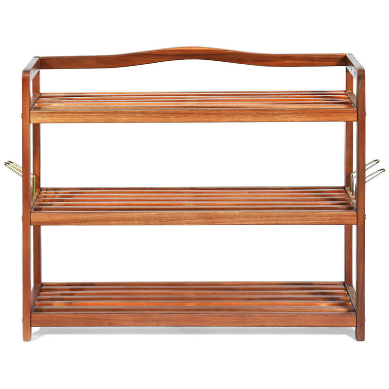 3-Tier Acacia Wood Shoe Rack with Side Metal Hooks