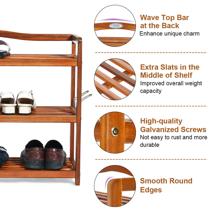 3-Tier Acacia Wood Shoe Rack with Side Metal Hooks