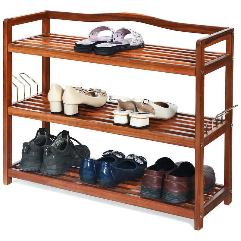 3-Tier Acacia Wood Shoe Rack with Side Metal Hooks